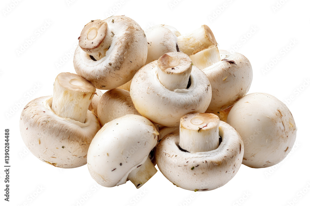 Fresh button mushrooms piled together on transparent background Fresh button mushrooms piled together on transparent background