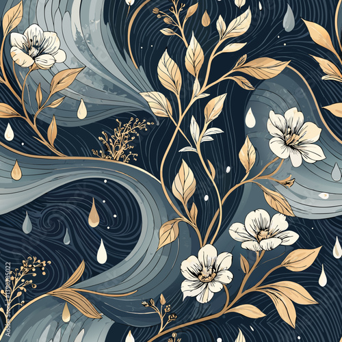 Seamless Abstract Watercolor Background – Flowing Dark Blue & Gray with Gold Accents for Remembrance & Reflection"