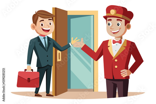 A smiling businessman in a suit and tie is holding a briefcase while greeting a hotel doorman wearing a red uniform and a bow tie.
