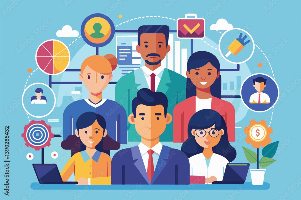 An illustration depicting a diverse group of professionals collaborating on various business projects, symbolized by icons representing data, teamwork, success, and finances. An illustration depicting a diverse group of professionals collaborating on various business projects, symbolized by icons representing data, teamwork, success, and finances.