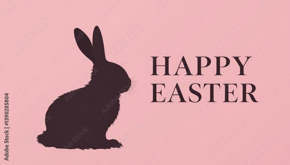 Fototapeta premium A soft pink background with a black silhouette of a sitting bunny on the left. On the right, capital text HAPPPY EASTER in serif typeface, intentionally misspelled for a quirky touch