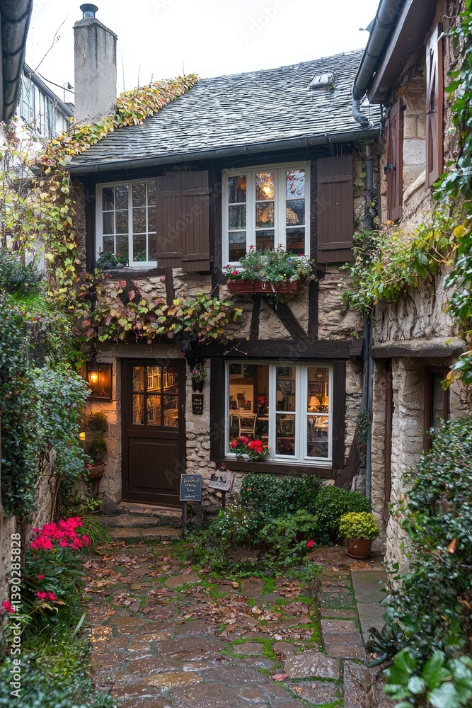 Obraz premium Charming cottage facade covered in plants, in a picturesque European village with stone paving