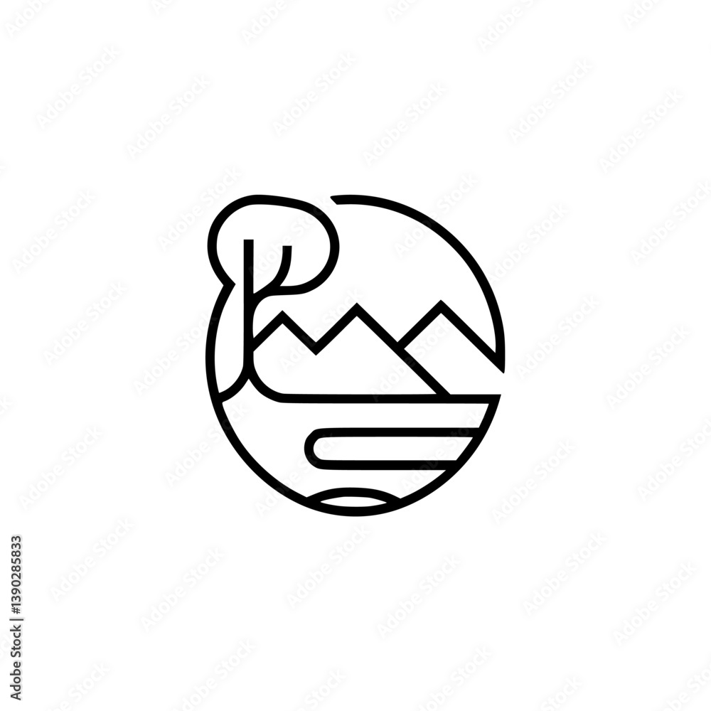 Minimalist Nature Logo: Mountain, Tree, and Water in Circle Minimalist Nature Logo: Mountain, Tree, and Water in Circle