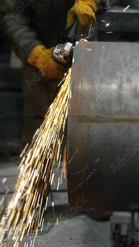 A worker at a metalworking factory processes metal. Sparks fly from a grinder. Metal construction manufacturing plant. Vertical video.