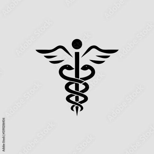 Black caduceus symbol with wings on a gray background
