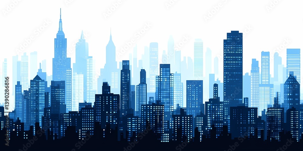 Naklejka premium Urban Silhouette: Modern Cityscape Skyline with Skyscrapers and City Lights in Blue Tones