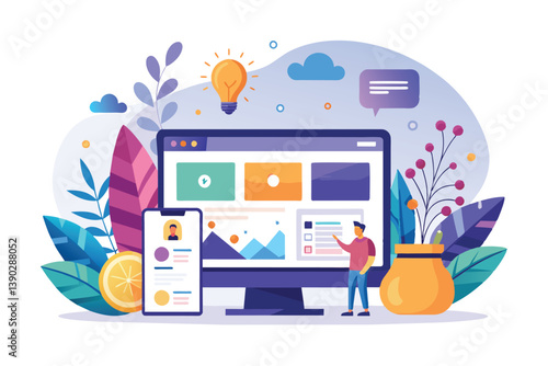 Wallpaper Mural A man is presenting website design ideas on a computer monitor to a group of people. He is using a pointer to highlight different elements of the design. Torontodigital.ca