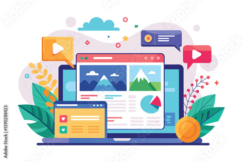 A laptop displays a website with images, text, and a pie chart. Social media icons surround it, hinting at engagement and popularity.