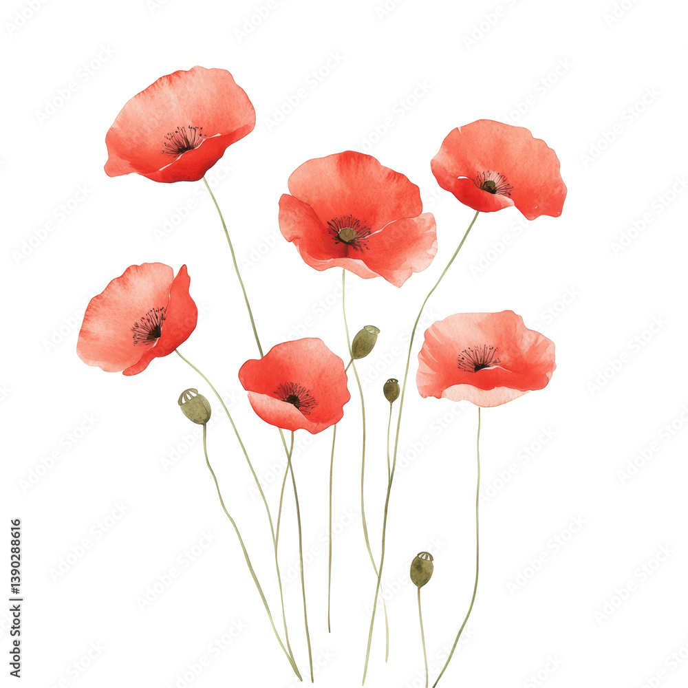 Naklejka premium Poppy Bloom: A vibrant cluster of red poppy flowers, their delicate petals and slender stems reaching towards the light, offering a symbol of beauty and remembrance.