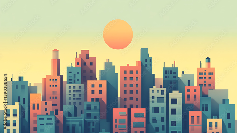 Fototapeta premium Stylized cityscape at sunset.