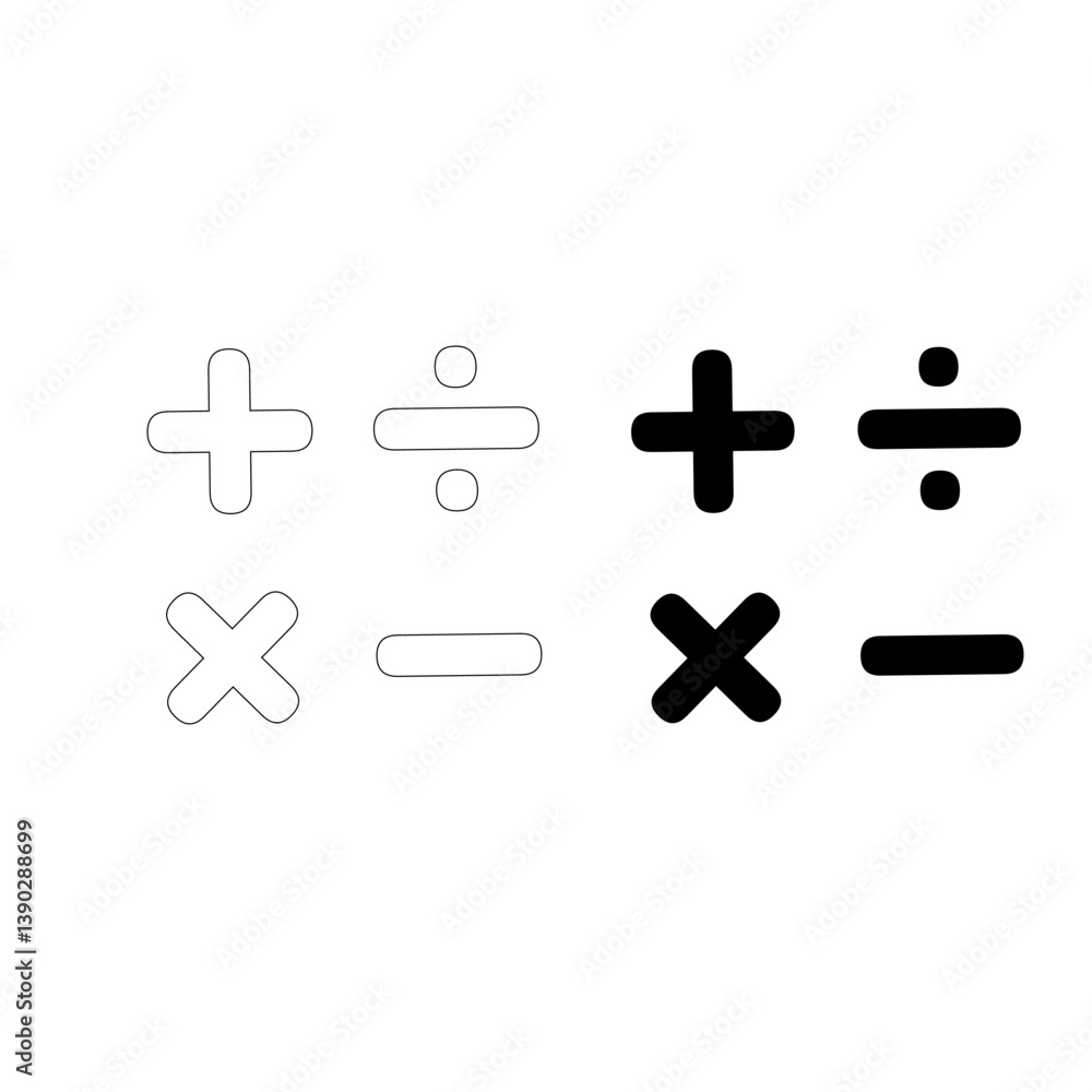 Fototapeta premium Basic Arithmetic Symbols Icon Set – Solid and Outline Style