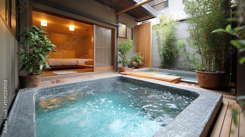 Wallpaper Mural Tranquil Japanese Spa with Outdoor Hot Tub Surrounded by Lush Greenery and Serene Atmosphere Torontodigital.ca