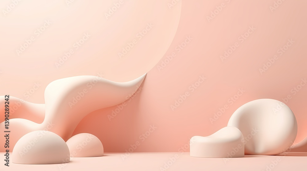 Fototapeta premium 8K abstract scene featuring matte 3D organic shapes with pastel gradients in dusty rose, sage, and warm white. Smooth surfaces, elegant flow, blank top-right for design use.