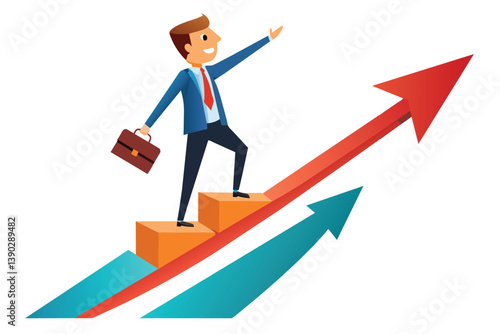 An illustration depicting a businessman with a briefcase walking up steps that are shaped like red and blue upward arrows.