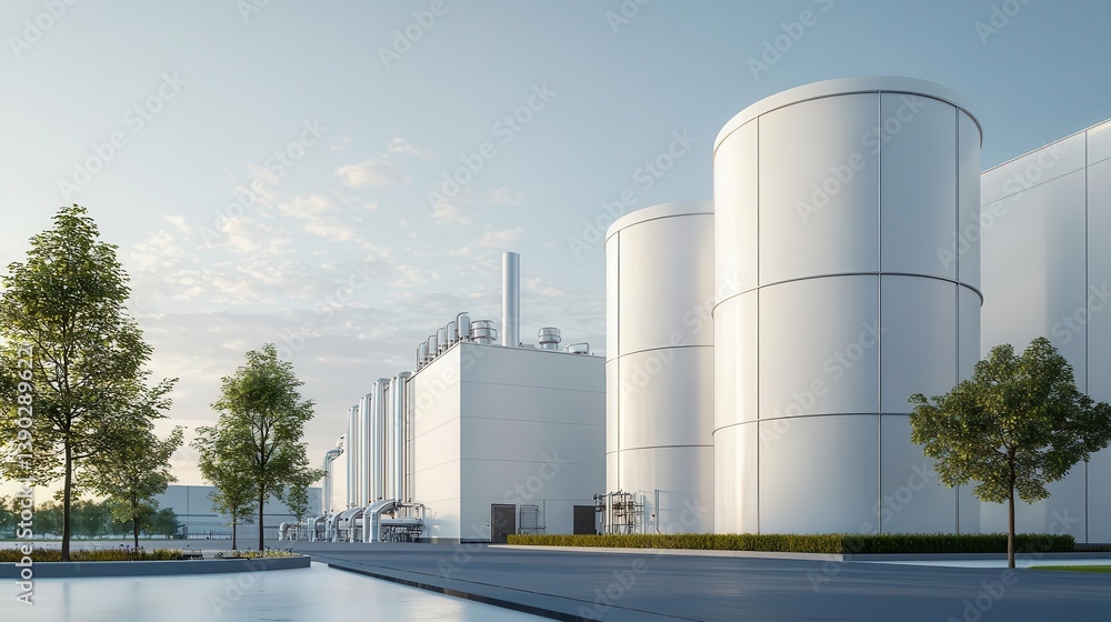 Natural gas cooling tower with hydrocarbon processing units, hightech factory landscape Natural gas cooling tower with hydrocarbon processing units, hightech factory landscape