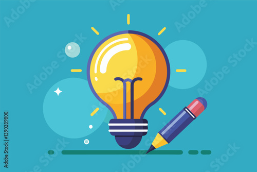 A simple illustration of a bright yellow lightbulb with a pencil underneath it. The lightbulb is emitting light rays and is surrounded by blue and white circles.