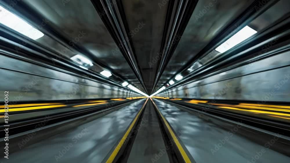 Subway train speeding through an illuminated tunnel leaving motion blur and light trails, creating a sense of fast travel and futuristic technology