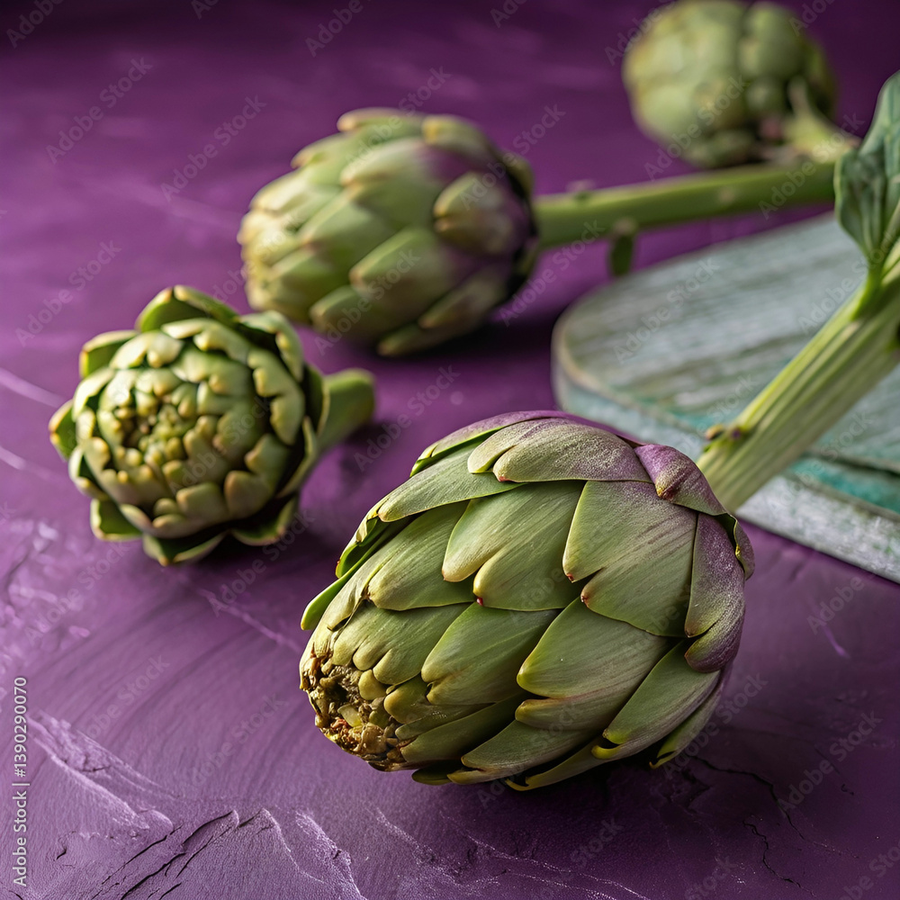 Fototapeta premium artichokes close up on a purple surface