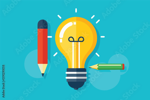 A flat design illustration of a lightbulb surrounded by pencils on a blue background.