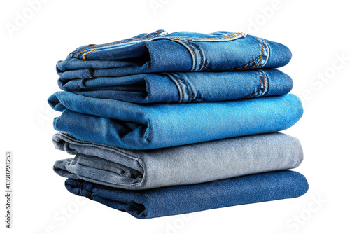 Folded blue jeans stack on transparent background, ready for retail display