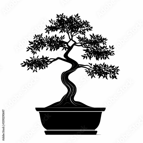 Black and White Bonsai Tree Illustration: Japanese Zen Art for Home Interior and Decor