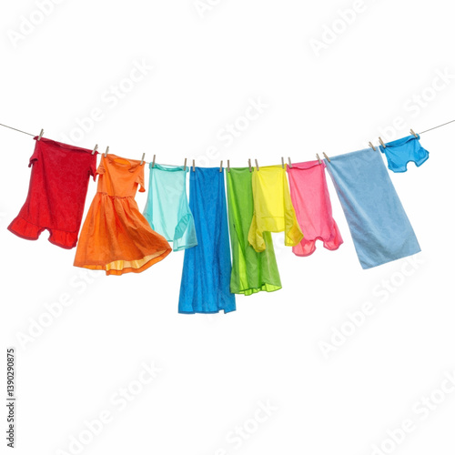 Colorful clothes hanging and drying on clothesline with clothespins