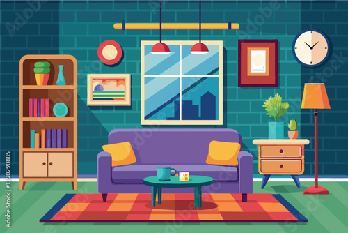 A cartoon illustration of a modern living room interior design with a brick wall, furniture, and decor.