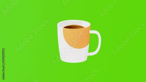 A white coffee mug with an orange accent filled with dark beverage, minimal graphic style, set on a bright green background, concept of morning energy