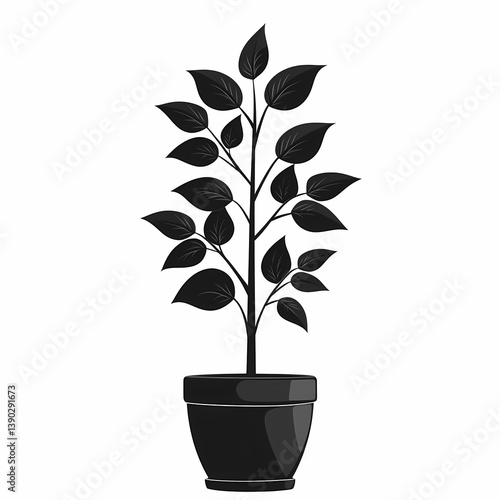 Black Decorative Potted Plant Design for Home and Office Interior Décor - Botanical Leafy Artwork and Illustration