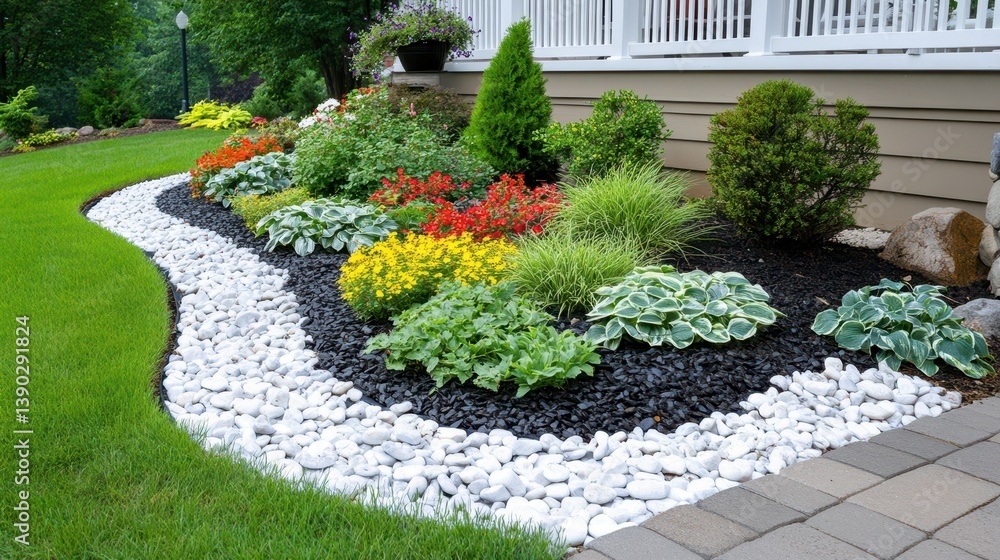 Obraz premium Garden Oasis: A vibrant, carefully curated garden bed brimming with a variety of colorful plants and lush greenery, bordered by smooth stones, creating a harmonious outdoor retreat.