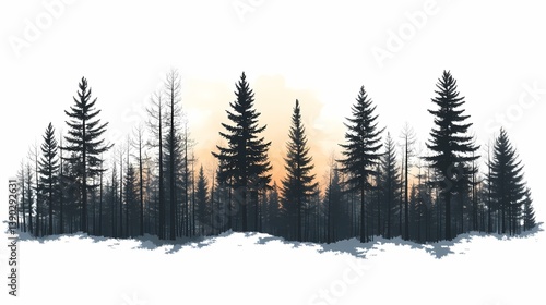 Winter Forest Sunset Silhouette - Tranquil Nature Landscape with Snowy Trees