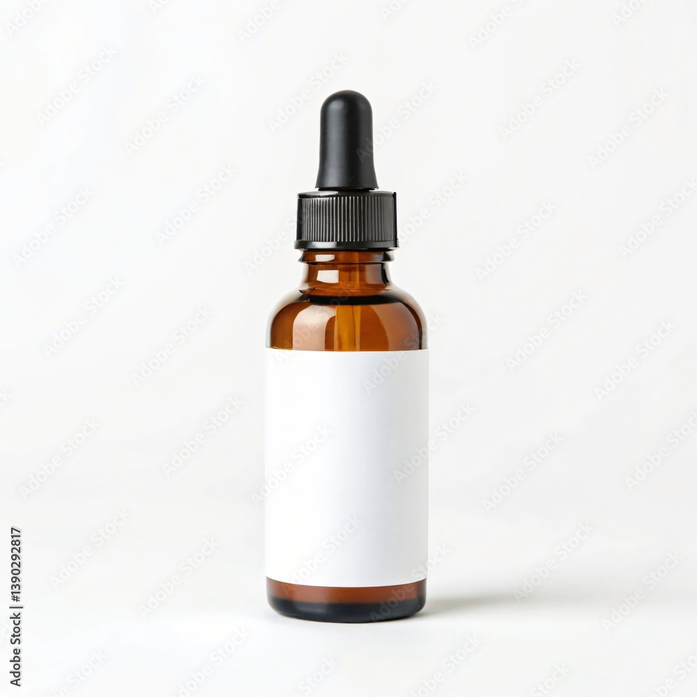Fototapeta premium Amber Glass Dropper Bottle with Blank White Label Mockup Skincare Product Packaging