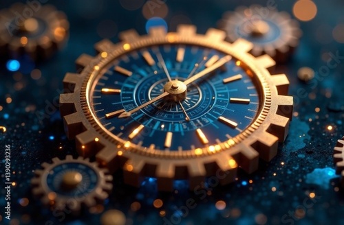 Close up of a golden gear clock face with intricate details and shimmering textures on a dark background