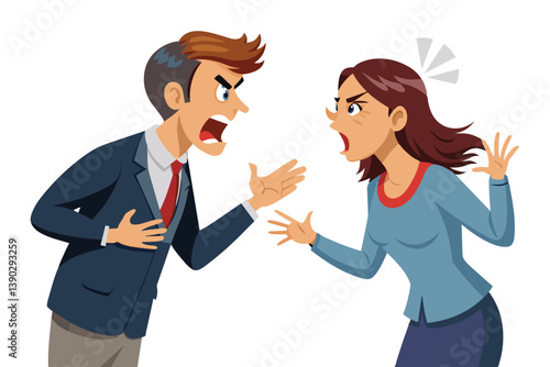 An animated illustration of a businessman and a woman in a business setting, both yelling loudly at each other, expressing anger.