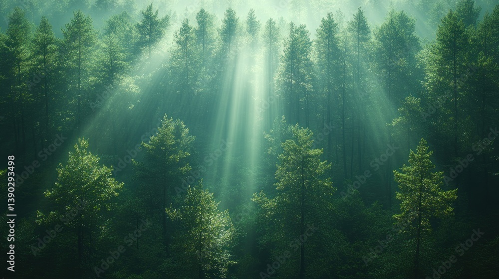 Sunbeams illuminating a misty evergreen forest. Sunbeams illuminating a misty evergreen forest.