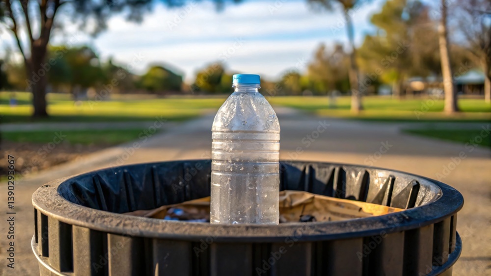 Fototapeta premium Empty Plastic Water Bottle in Park Trash Can Recycling Environmental Conservation
