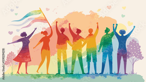 Abstract Watercolor Silhouette Background – Rainbow Figures in Joyful Poses Celebrating Equality & Love"
