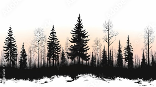 Silhouetted Evergreen Trees at Sunset: Nature Art and Tranquil Wilderness Scenery