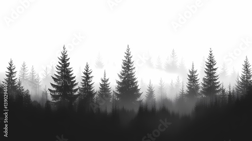 Mysterious Black and White Forest Landscape with Misty Horizon - Nature Photography of Scenic Pine Trees and Woodland Tranquility