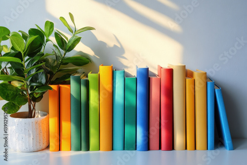 Green plant pot on shelf with colorful books.