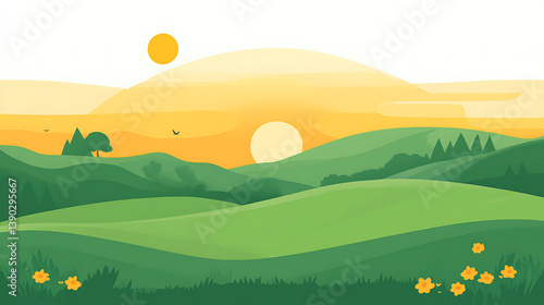 Sunset over rolling green hills and yellow flowers.