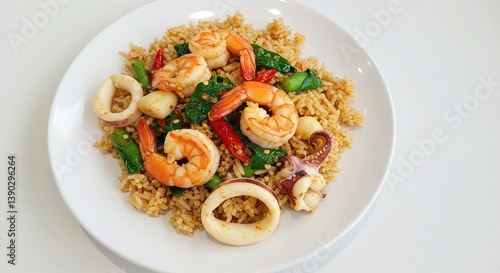 Plate of Delicious Seafood Fried Rice with Shrimp and Squid on a White Background.
