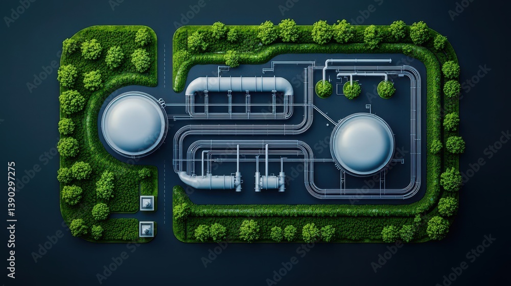 Aerial view of a methane extraction field, pipes leading to a futuristic gas factory Aerial view of a methane extraction field, pipes leading to a futuristic gas factory
