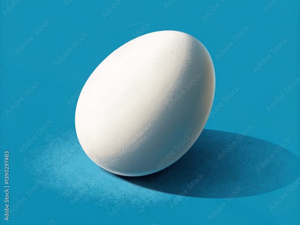 a single, white egg lying on its side on a bright blue surface. The egg casts a distinct shadow to its right, indicating a light source coming from the upper left a single, white egg lying on its side on a bright blue surface. The egg casts a distinct shadow to its right, indicating a light source coming from the upper left