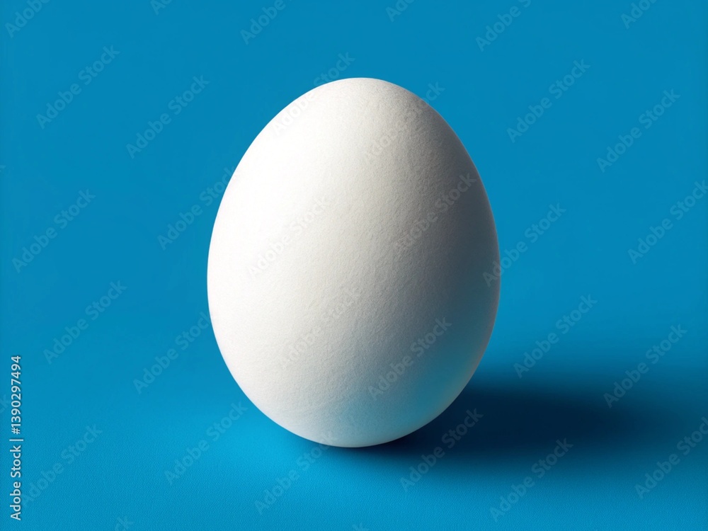 a single, white egg standing upright on a bright blue surface. The egg casts a subtle shadow to its left, indicating a light source from the right a single, white egg standing upright on a bright blue surface. The egg casts a subtle shadow to its left, indicating a light source from the right