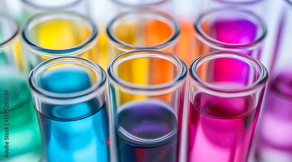 Colorful test tubes filled with bright liquids highlighting science research and chemical experiments. Colorful test tubes filled with bright liquids highlighting science research and chemical experiments.