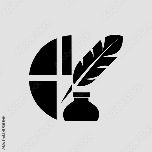 Black quill and inkwell symbol with geometric background