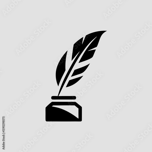 Stylized black quill pen resting in an inkwell illustration