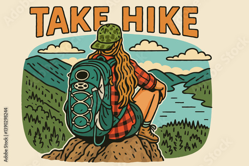Woman Hiking and Enjoying Mountain View with Backpack Illustration Design