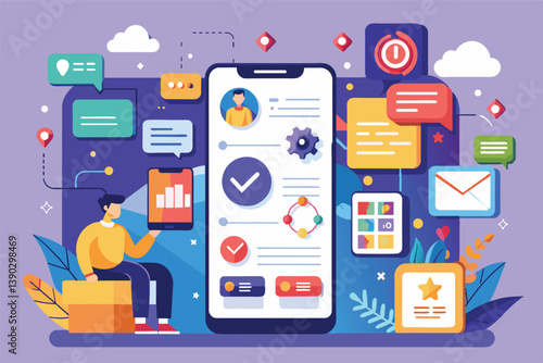 A man uses a mobile app with interactive features and a colorful design to access information, manage data, and enjoy a user-friendly experience.